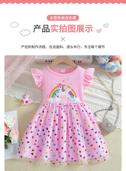 2026 Korean Style Girls Summer Unicorn Print Dress Short Sleeve Tulle Princess Gown Kids Casual Party Clothes for South Korea