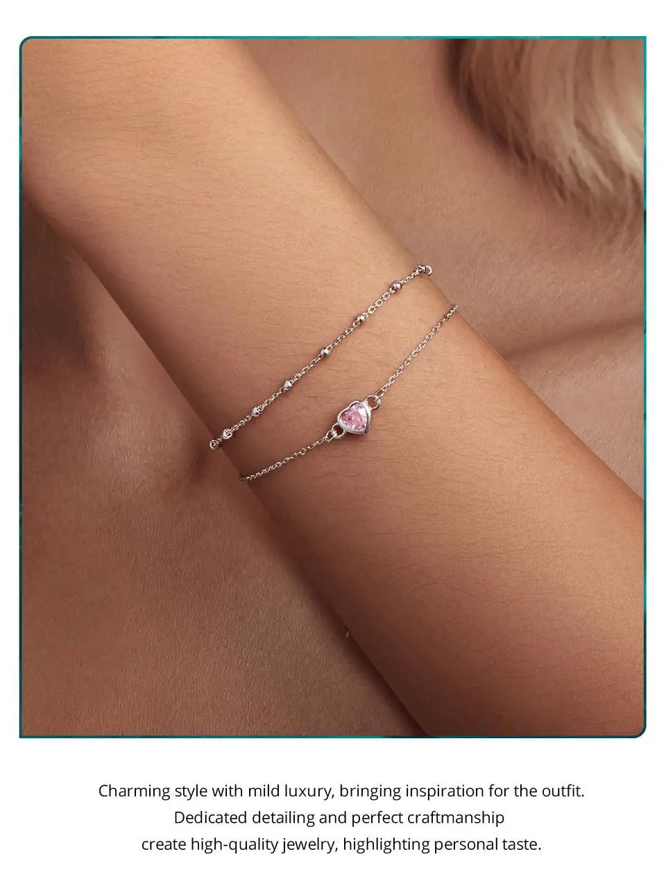 925 Sterling Silver Double Layer Bracelet Pink Heart Adjustable Round Beads Chain Link for Women Valentine's Day Gift