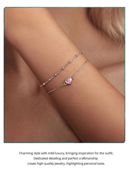 925 Sterling Silver Double Layer Bracelet Pink Heart Adjustable Round Beads Chain Link for Women Valentine's Day Gift