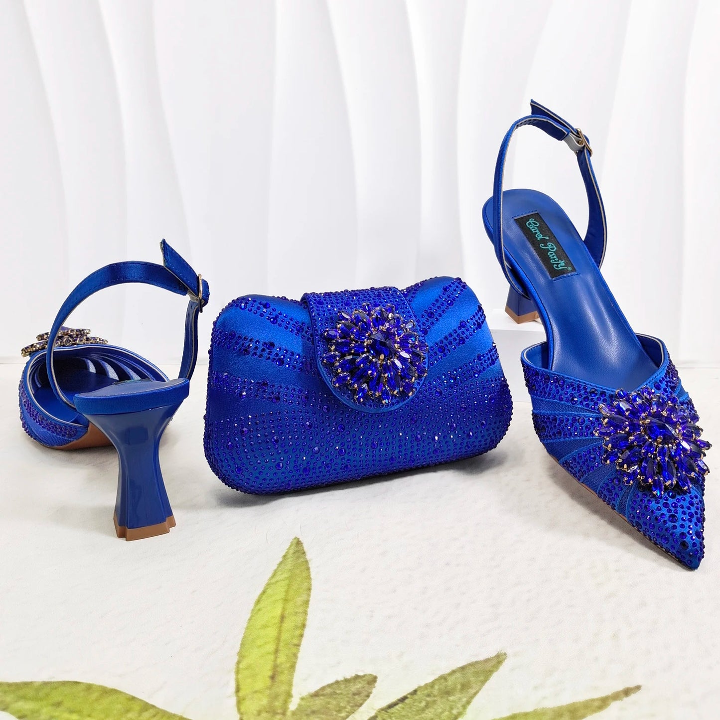New Itlian Design Blue Color Rhinestone High Heel Shoe And Bag Fashion Style Pointed-Toe Shoes For Comfort Included Women Shoes