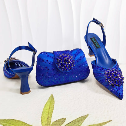 New Itlian Design Blue Color Rhinestone High Heel Shoe And Bag Fashion Style Pointed-Toe Shoes For Comfort Included Women Shoes
