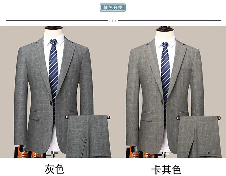 Suits (blazer+ Pants) Men Fashion Business Casual Solid Color Korean Version Slim-fit Plaid Gentleman Wedding Work S-5XL