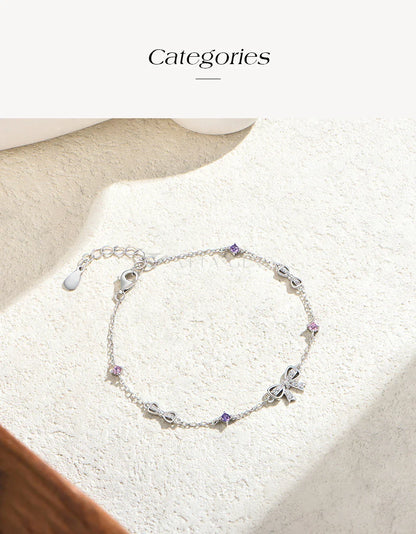 925 Sterling Silver Bow Moissanite Bracelet Sweet Original Design Colorful Pink Zircon Bracelets for Women Party Gifts