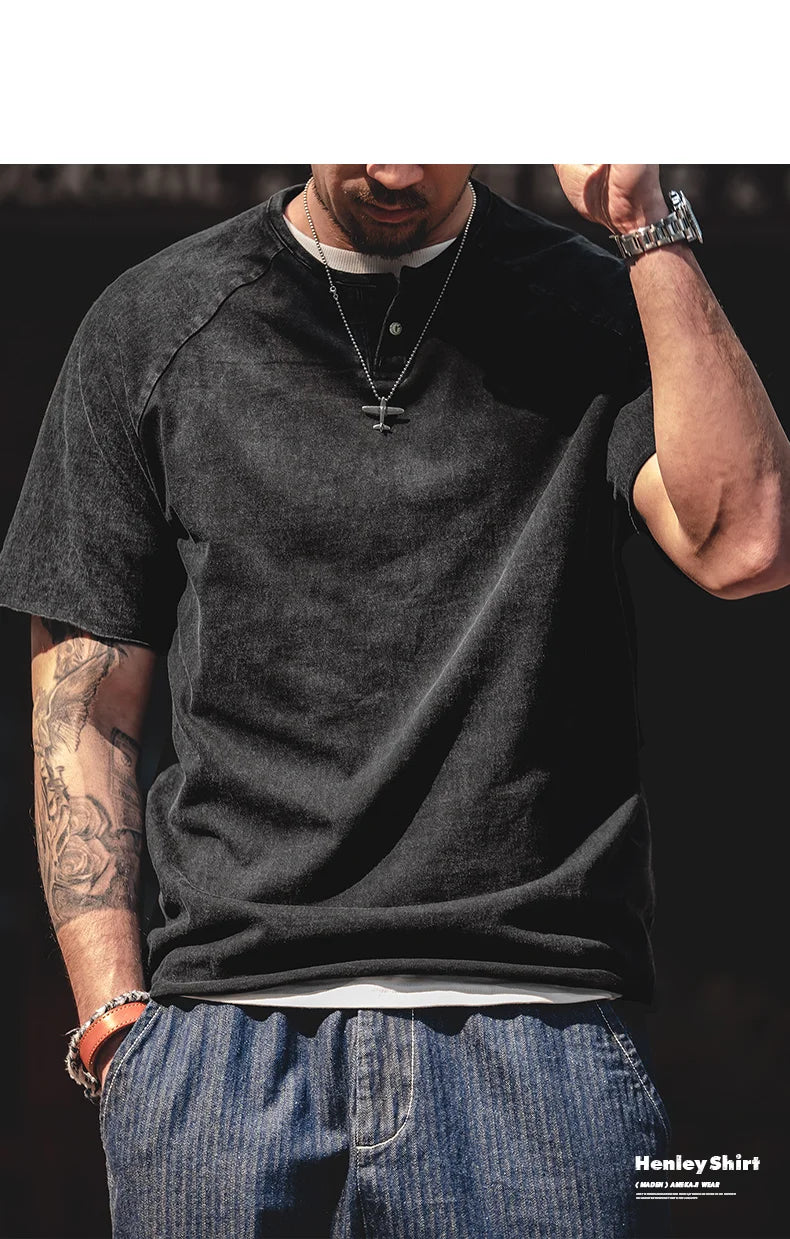 Japanese Vintage Heavyweight Henley T-Shirt Men Distressed Loose Short Sleeve Tops Casual Button Cotton Washed Tee Shirts
