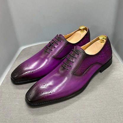 Luxury Men's Genuine Leather Oxford Shoes Snake Skin Print Black/Purple Lace-Up Square Toe Formal Dress Shoes