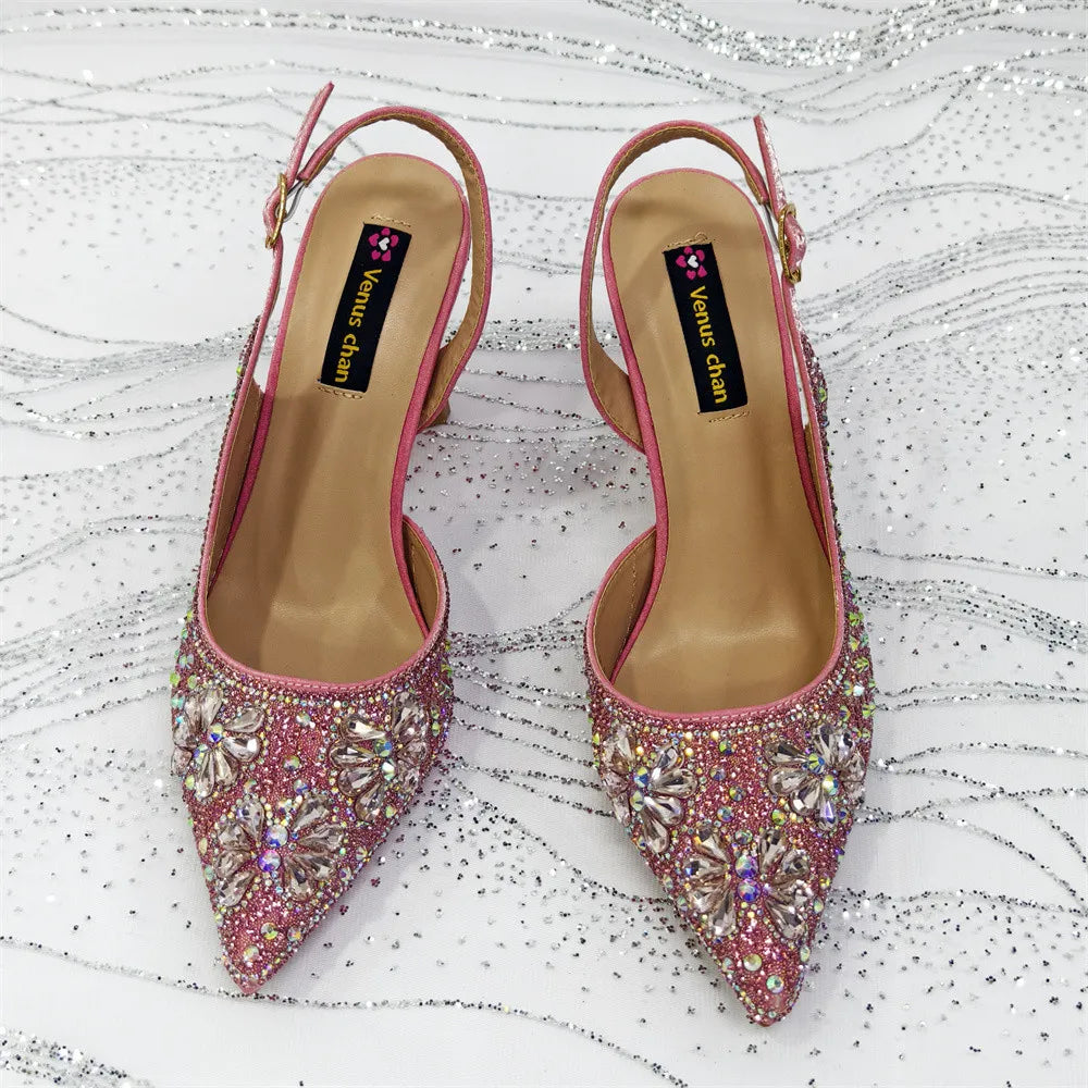 Nigerian Heel Party for Women Pink Color Shoes and Bag Set Rhinestone Handbag Italian Design Wedding INS 2025