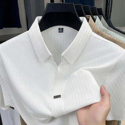 High quality personality texture stripe short sleeve polo shirt summer ice silk breathable buttonless men's solid color T-shirt