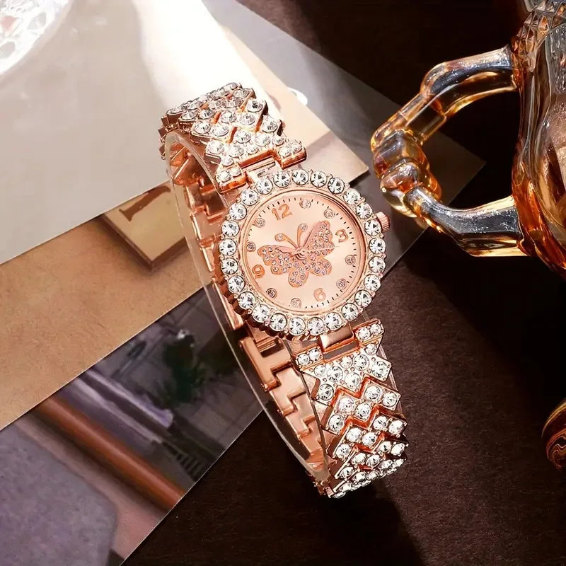5PCS Fashion Rhinestone Butterfly Dial Women Quartz Watch Elegant Ladies Bracelet Wristwatch Jewelry Set Reloj Mujer（Without Box