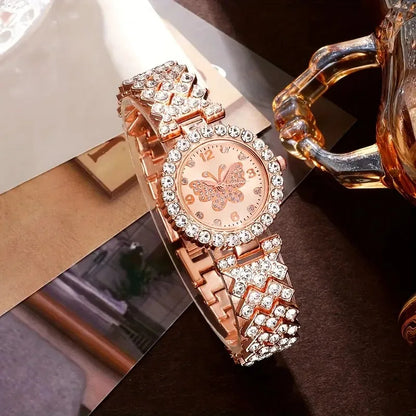 5PCS Fashion Rhinestone Butterfly Dial Women Quartz Watch Elegant Ladies Bracelet Wristwatch Jewelry Set Reloj Mujer（Without Box