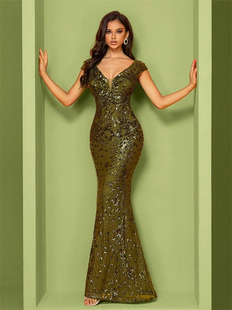Elegant Champagne Evening Dress For Women Long 2024 Luxury Mermaid Formal Sequins Prom Wedding Party Cocktail Dresses