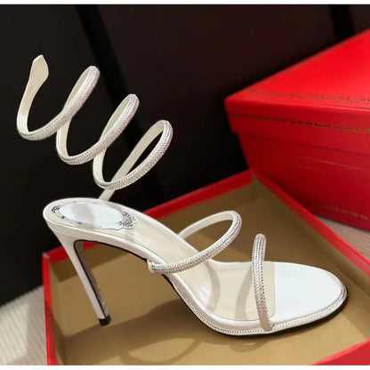 Luxury Rhinestones Snake Coiled Stiletto Heeled Women Gladiator Sandals 2024 Summer Silver Sole High heels Banquet Wedding Shoes