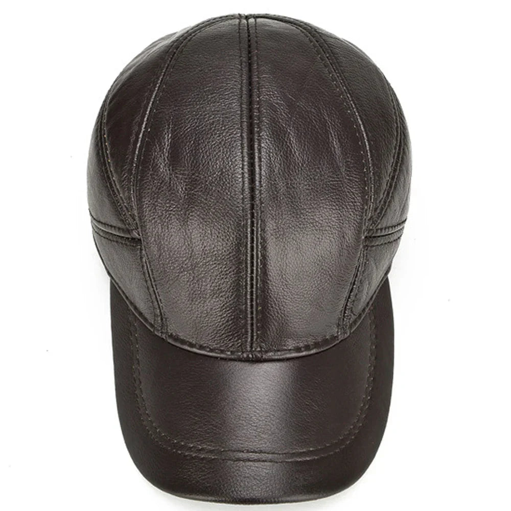 Casual Real Leather Earflap Cap Men's Real Cowhide Leather Caps Male Fall Winter Genuine Real Cow Leather Baseball Hats