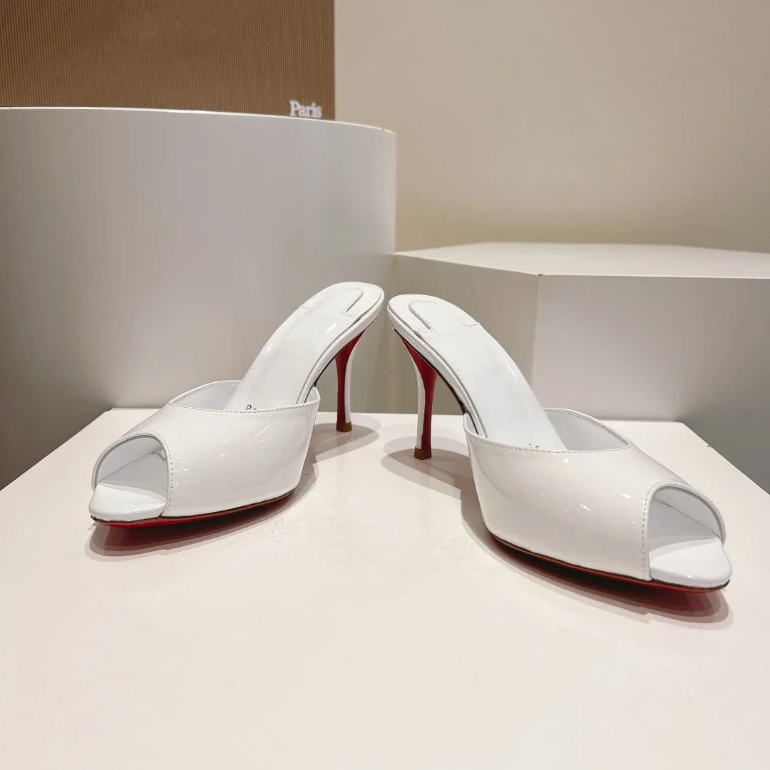 New patent leather nude high heels stiletto round head open-toed fish mouth shoes sexy outer slippers women's muller shoes