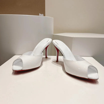 New patent leather nude high heels stiletto round head open-toed fish mouth shoes sexy outer slippers women's muller shoes