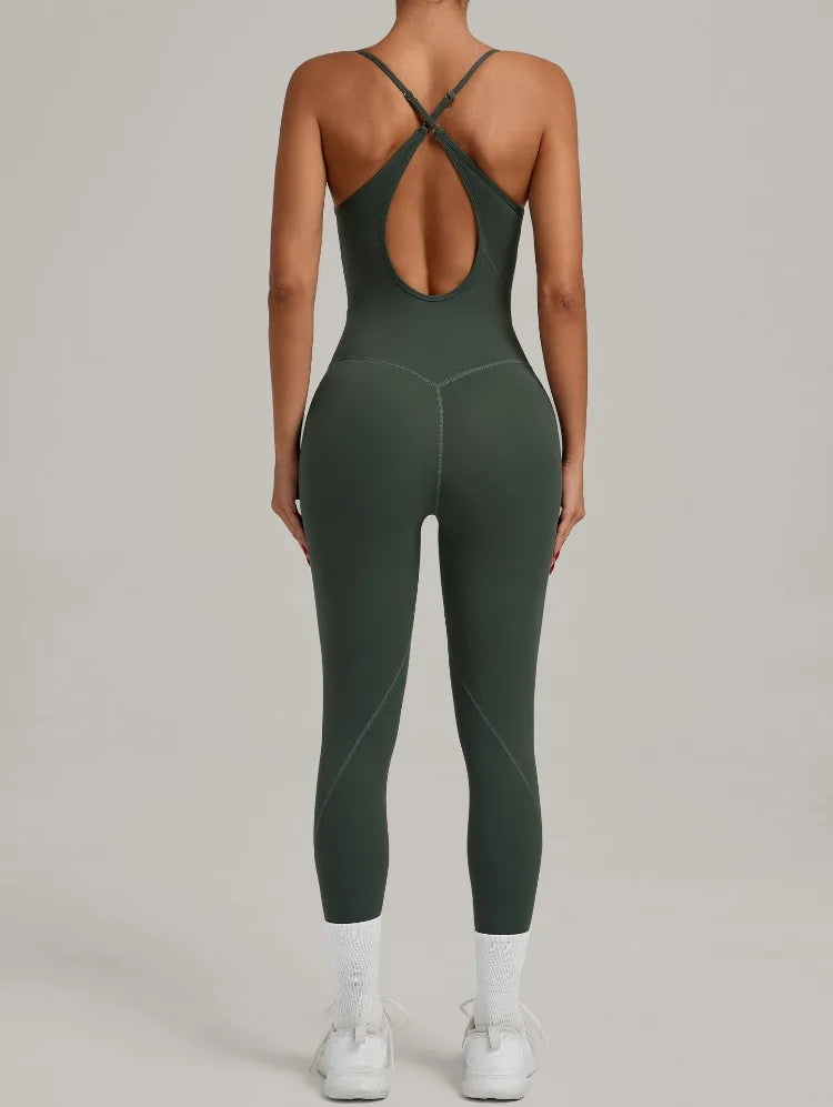 Women Sports Fitness Jumpsuit Cross Open Back Adjustable Shoulder Strap Hip Lift Tight Slim Fit Yoga Set Gym Running Sports Kit