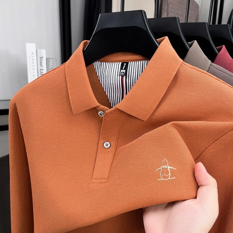 100% High-quality Cotton Latest Men's Polo Long Sleeve Autumn Spring Warm Fashionable Business Casual Cozy Delicate Embossed Top