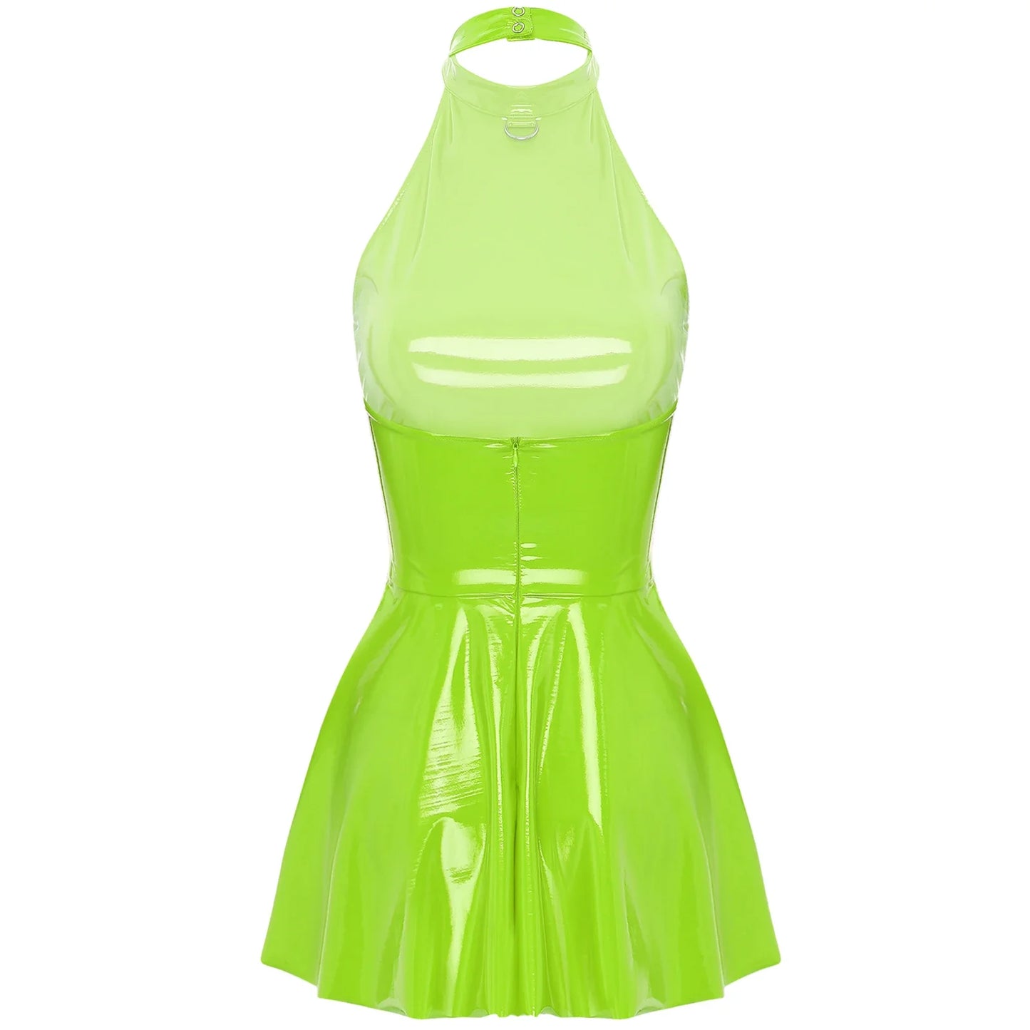 Glossy Patent Leather Glossy Mini A-Line Latex Dress for Womens Swing Skirt Skater Bodycon Mini Dress Rave Disco Party Clubwear