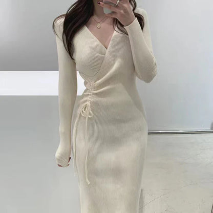 V-ne Knitted Wrap Waist Slimming Mid-length A-line Dr Women's Sweater Dr Korean Sle High Waist Long Sve