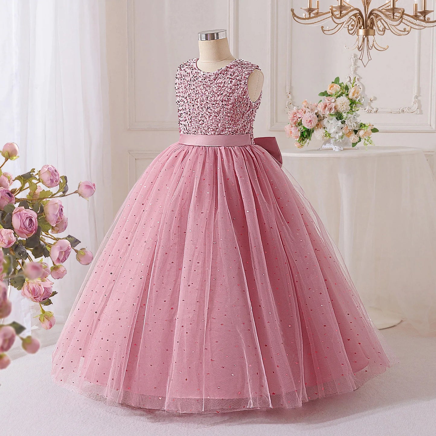 Vestidos de Festa de Daminha de Verão com Lantejoulas para Meninas Elegante Laço Vestido de Aniversário de Casamento para Meninas Baile de Formatura Gala Concurso Noite Roupa Infantil