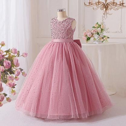Vestidos de Festa de Daminha de Verão com Lantejoulas para Meninas Elegante Laço Vestido de Aniversário de Casamento para Meninas Baile de Formatura Gala Concurso Noite Roupa Infantil