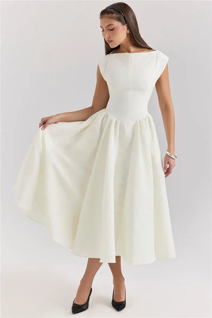 Women Circle Cut Out Back Dress Wide Shoulders and Fitted Waist Prom Dress Fluffy Hem Midi Wedding Party Dresses
