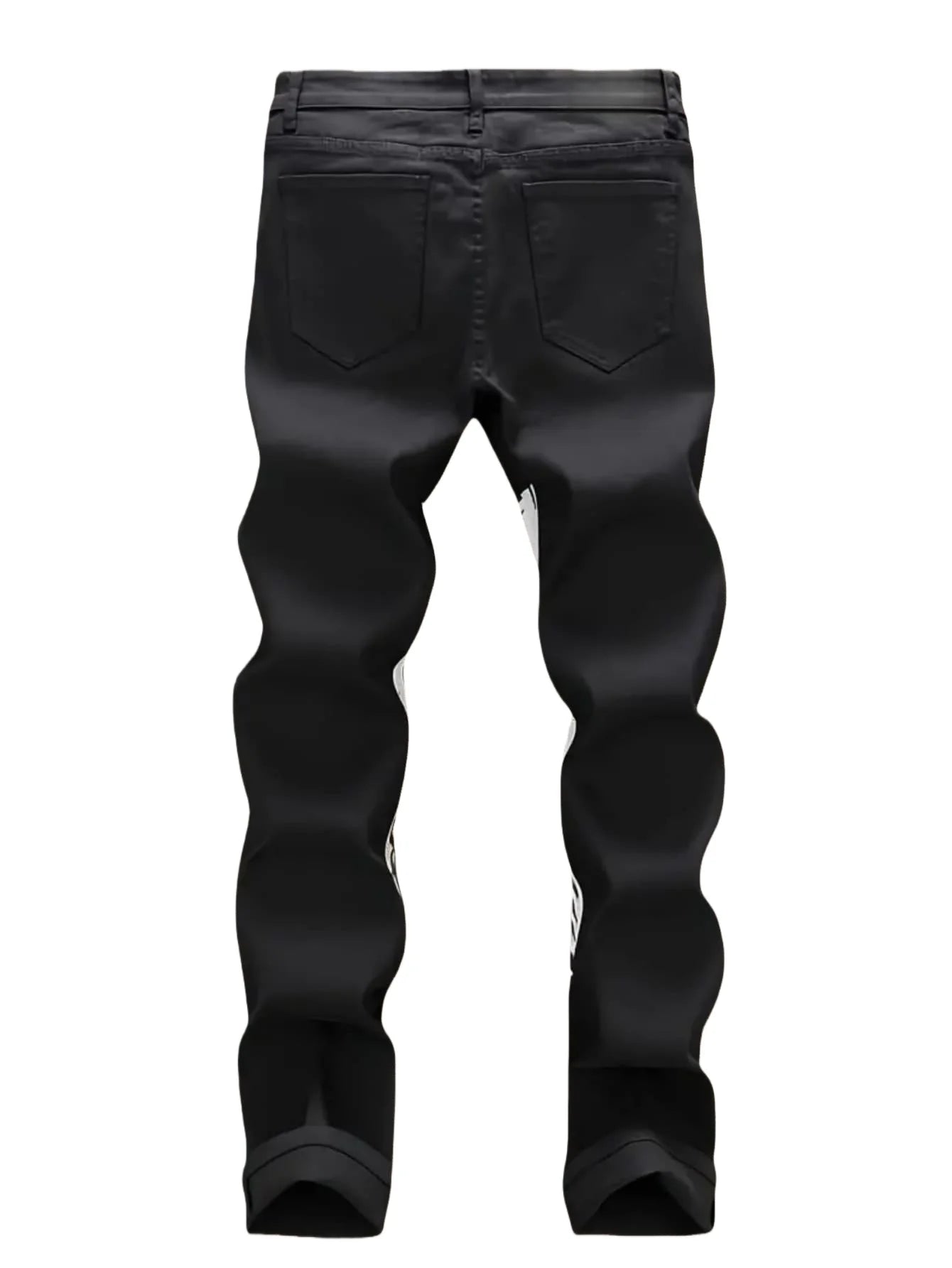Street casual wear, men's jeans, fashionable printed patterns, classic style trousers with cinched waist design. Black color