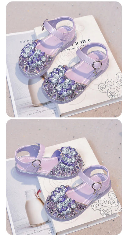 Girls Crystal Slip-On Shoes Soft Bottom Rhinestone Princess Flats Spring Autumn New Style Kids Lightweight Sweet Leather Shoes
