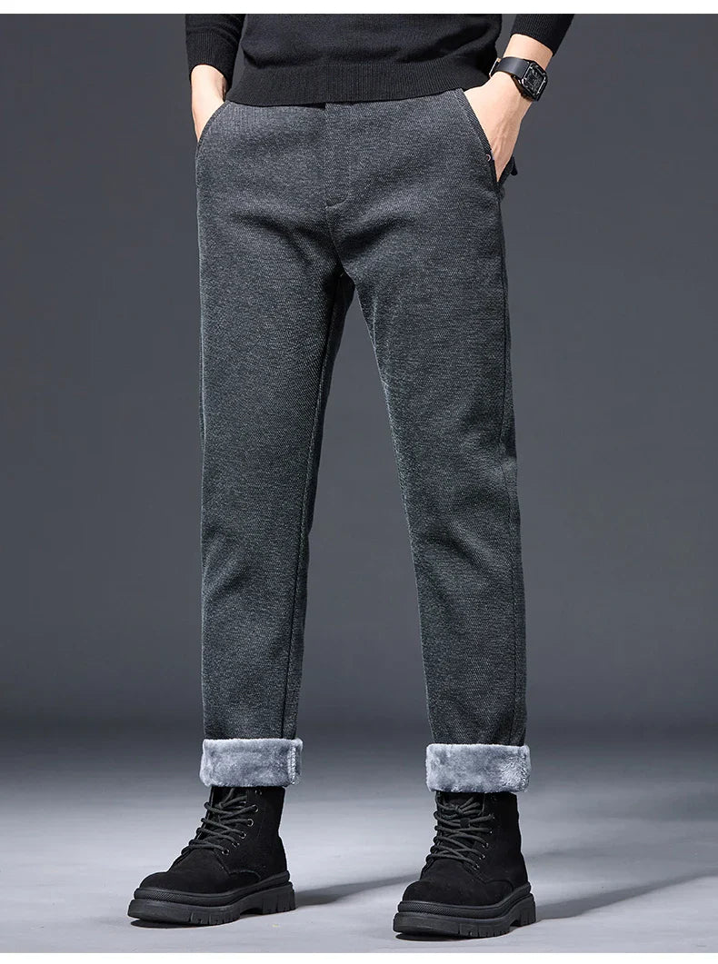 Men's Winter Fleece Elastic Casual Pants Thick Warm Soft Business Stretch Slim Trousers Streetwear Fashion Korean Brand Clothes
