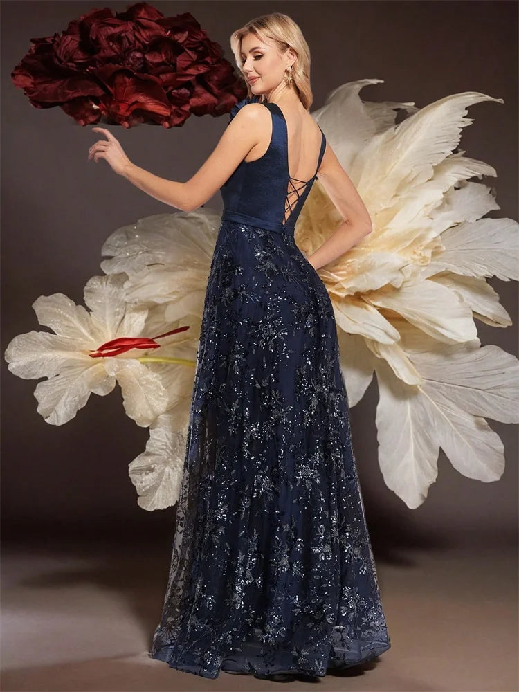 Vestido de Festa Elegante Dourado Floral com Decote em V Longo 2024 Luxo Feminino Chiffon sem Mangas para Baile Coquetel