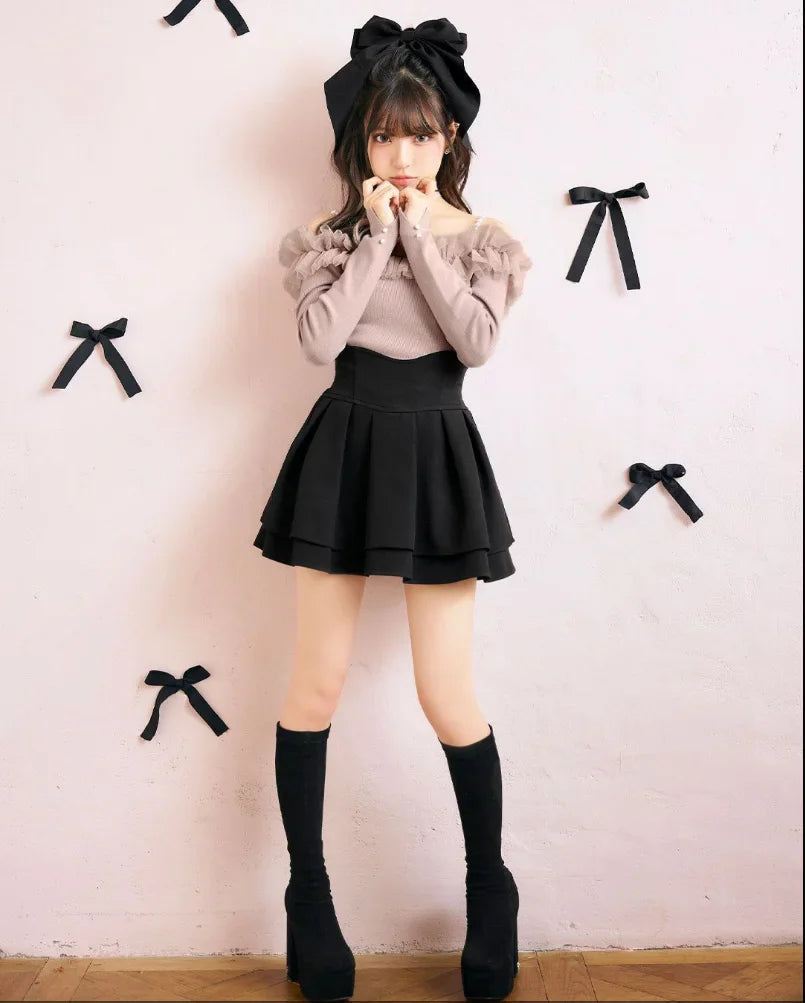 Japanese Lolita Skirts Ruffled Pleated Plaid Skirt Women 2026 Spring New Elastic High Waist Slimming Gentle Mini Skirt Culottes