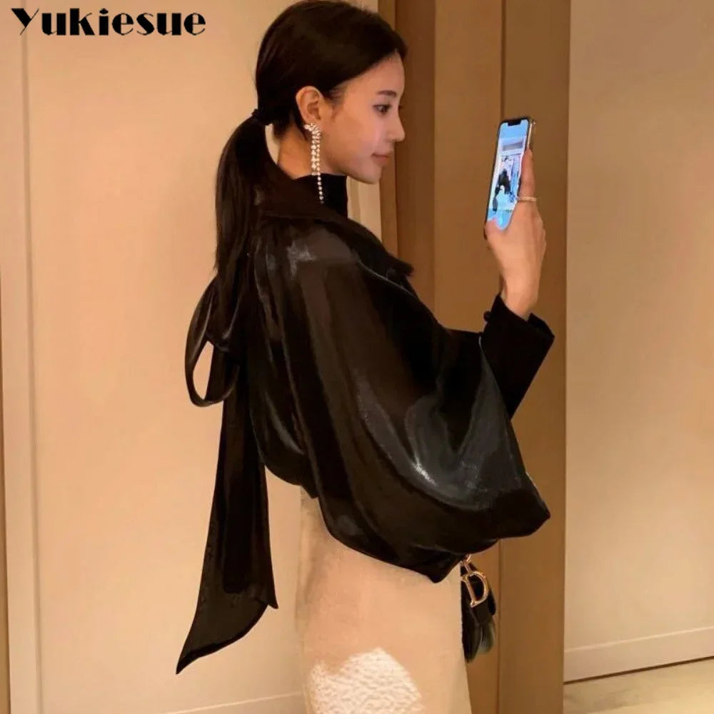 Spring Autumn Women Fashion Tops New Shirts Lantern Sleeve Stand Collar Solid Casual Vintage Elegant Temperament Long-Sleeved