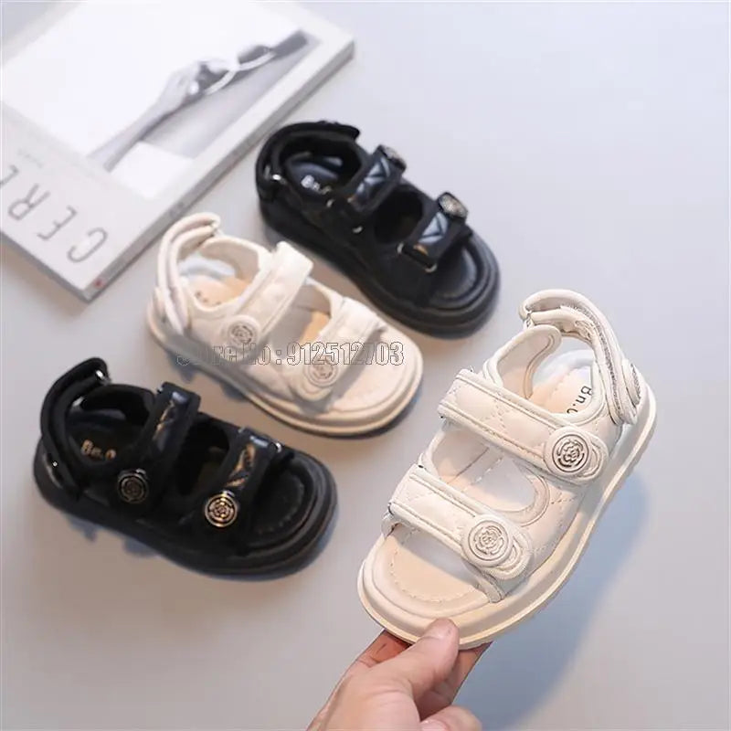 Children Summer Sandals Chic Girls Casual Solid Black Kids Fashion Princess Classic Flowers Buckle