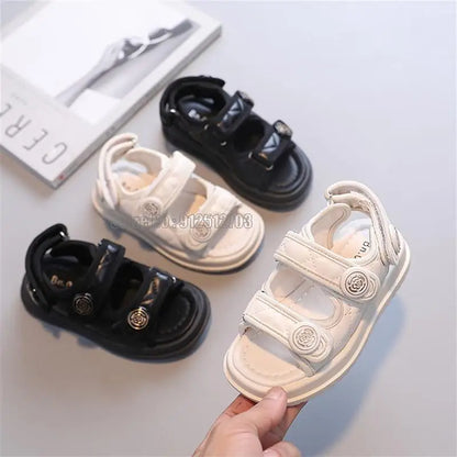 Children Summer Sandals Chic Girls Casual Solid Black Kids Fashion Princess Classic Flowers Buckle