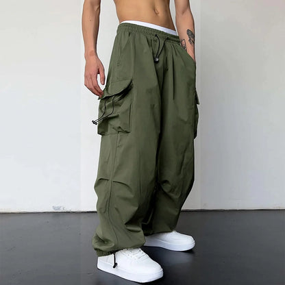 Cool Streetwear Versatile Quicky Drying Wide Leg Low Waist Drawstring Cargo Trousers Fashion Daily Casual Pockets Pants For Male
