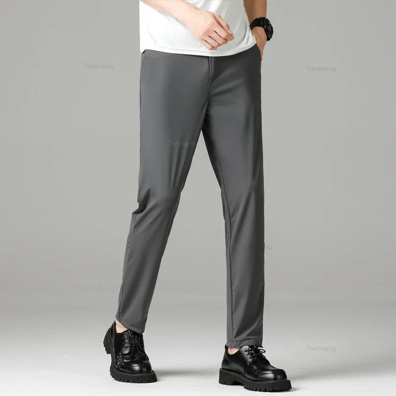 Summer Quick-drying Ice Silk Men's Casual Pants Ultra-thin Highly Elastic Business Casual Non-iron Trousers Black Gray Blue