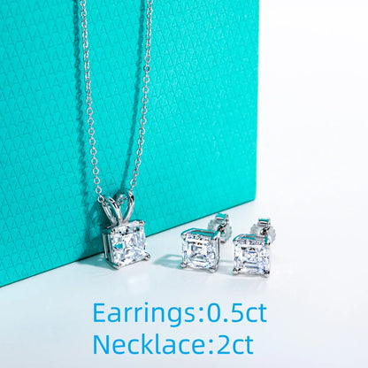 2-5ct Asscher Moissanite Necklace 0.5-3ct Earrings 925 Sterling Silver 18k Gold Plated Wedding Jewelry Set for Woman