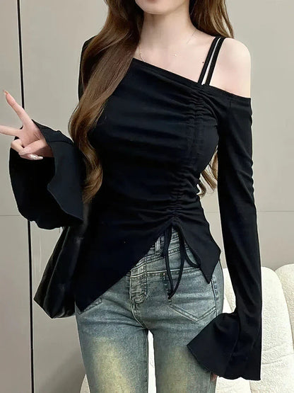 Sweet Sexy Drawstring Ribbon White Off Shoulder Top Women Basic Long Sleeve Body T-Shirt Elegant Flare Sleeve Lady Tees Pulovers