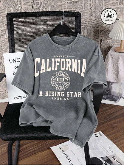 America California Printed Washed T-Shirt Mens Cotton Oversized T Shirt Casual O-Neck Short Sleeve Tops Summer Basic Male Tees