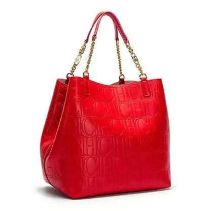 Embossed Logo Tote Bag Spacious Interior Chain Accent Top Handle Bag Casual Daily Outings Weekend Trips