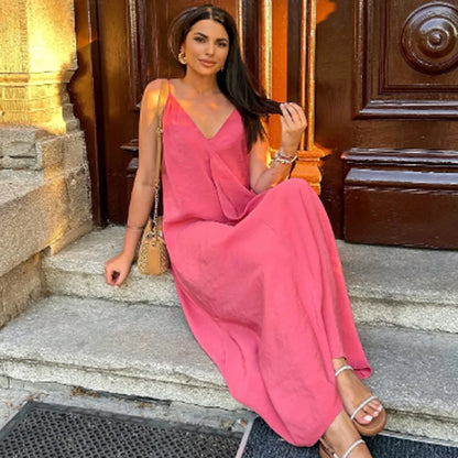 Women's Slip Dress Summer Green Red Black Dress Casual V-Neck Backless Long Dresses Sleeveless Vestidos Resort Dresses