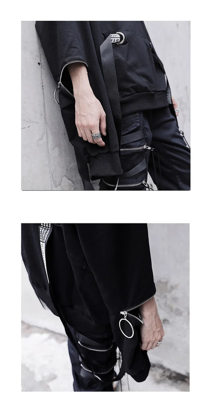New Men's Hoodies Sweatshirt Autumn Casual Techwear Hip Hop Harajuku Hoodie Men Ribbons Patchwork Japanese Streetwear Darkwear