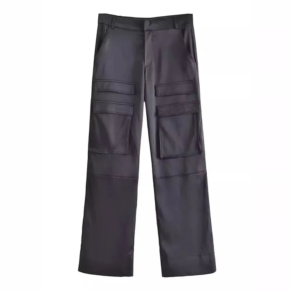 Women Fashion with Pockets Versatile High-waist Slim Multi-pocket Silk Satin Texture Straight Overalls