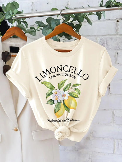 Graphic Print T-Shirt Lemon & Floral Pattern Short Sleeve Round Neck Casual Women's Top Perfect for Spring & Summer