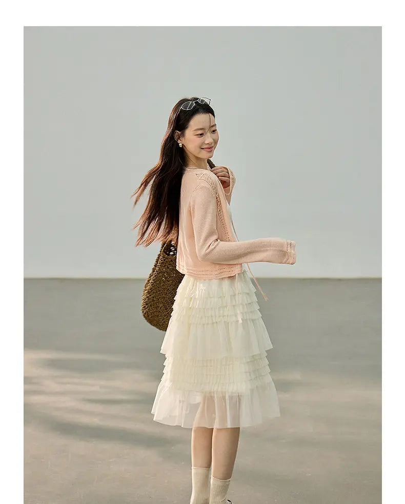 Korean Style Lace Elastic Waist Cake Skirt Mesh Puffy Skirt Women's Dress Knee Length Casual A-Line Skirt Micro Stretch No Slit