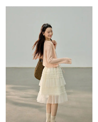 Korean Style Lace Elastic Waist Cake Skirt Mesh Puffy Skirt Women's Dress Knee Length Casual A-Line Skirt Micro Stretch No Slit