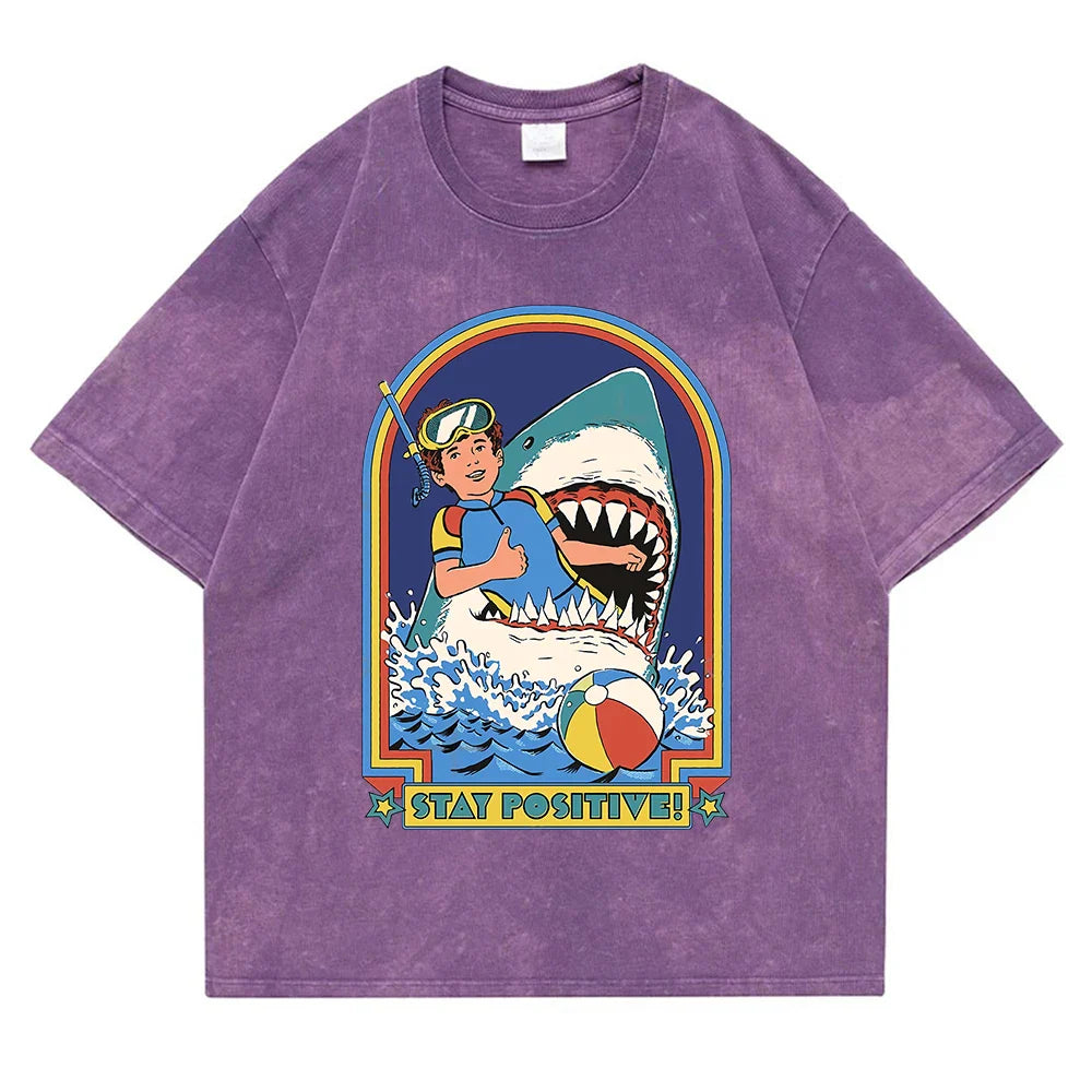 Stay Positive Printing Washed Retro Snow Mens T-Shirt Cotton Loose Tees Cotton Oversize Streetwear Breathable Tshirt Couple