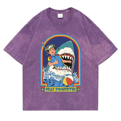 Stay Positive Printing Washed Retro Snow Mens T-Shirt Cotton Loose Tees Cotton Oversize Streetwear Breathable Tshirt Couple