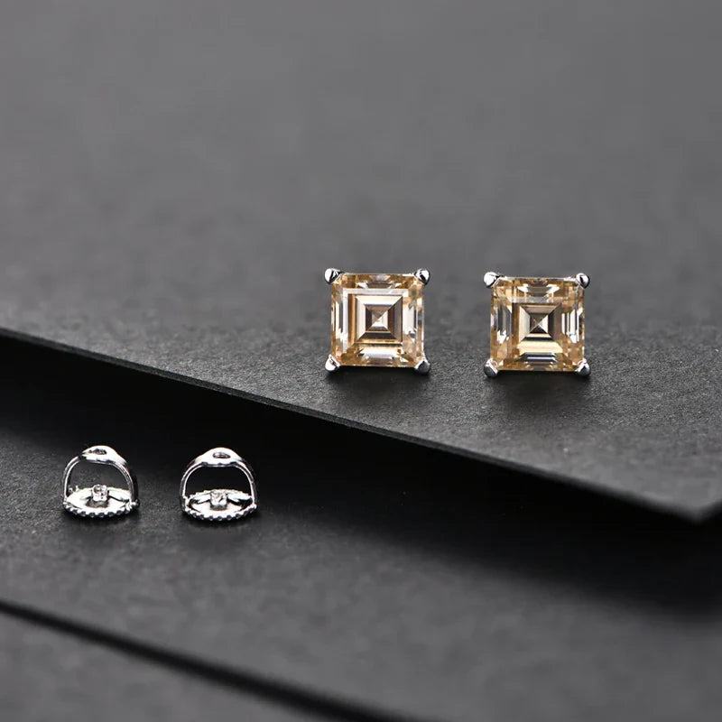 Silver 925 Earring Yellow Moissanite Screw Back Stud Square Stud Earrings For Women  Princess Cut 5*5MM Jewelry 귀걸이