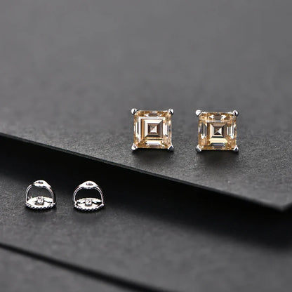 Silver 925 Earring Yellow Moissanite Screw Back Stud Square Stud Earrings For Women  Princess Cut 5*5MM Jewelry 귀걸이