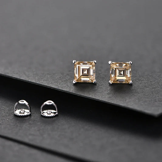 Silver 925 Earring Yellow Moissanite Screw Back Stud Square Stud Earrings For Women  Princess Cut 5*5MM Jewelry 귀걸이